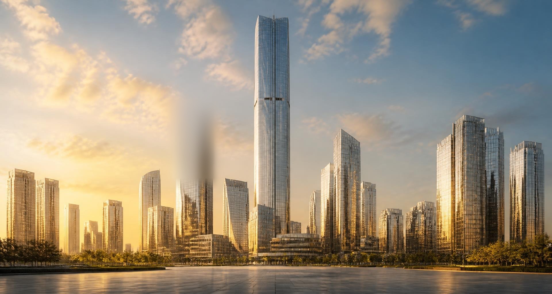 Mari J World — a high-tech skyline of glass towers at golden hour