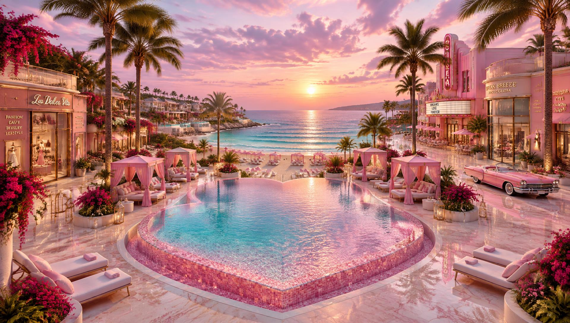MariJay's pink beachfront resort with a heart-shaped infinity pool at sunset